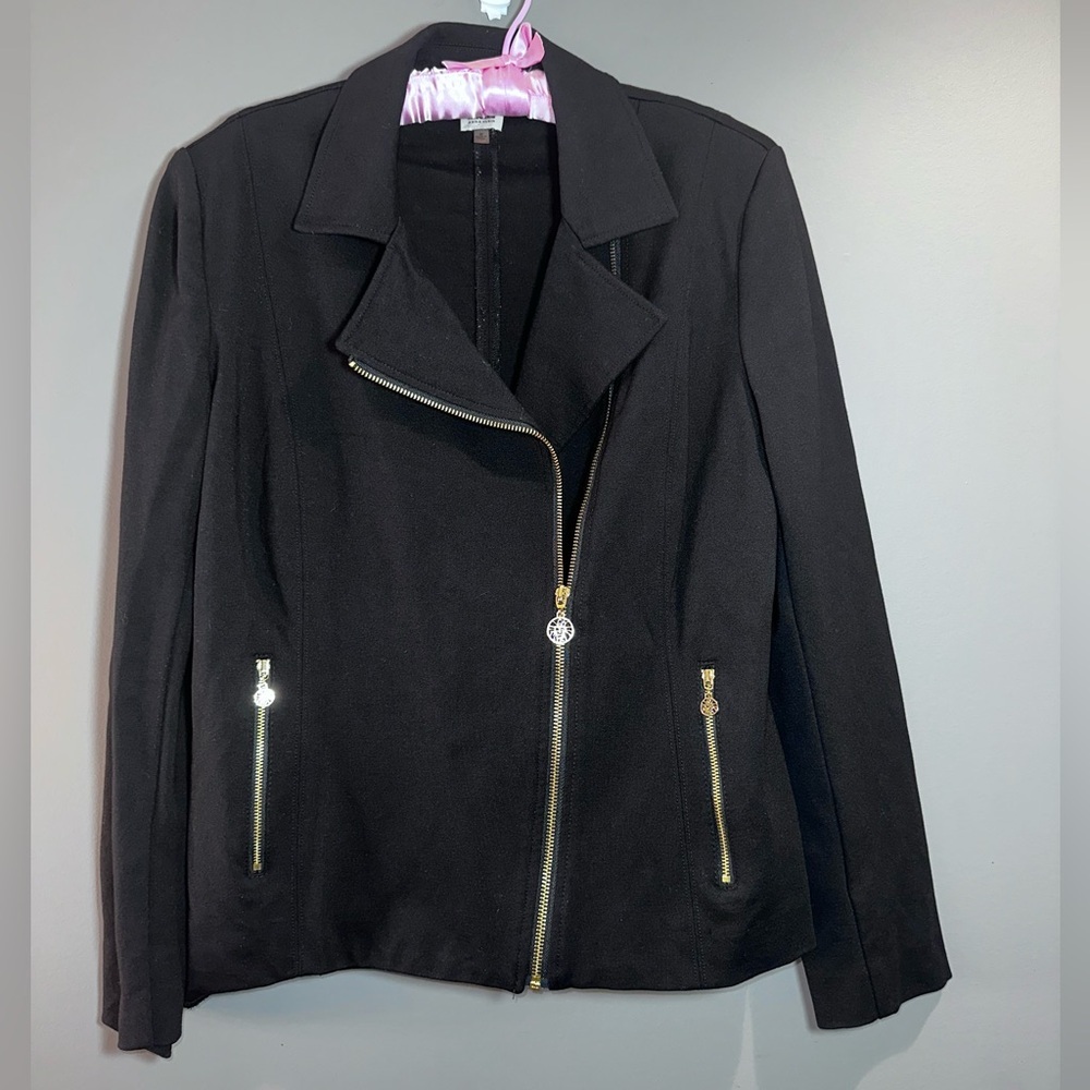 Anne Klein Black Moto Blazer Fitted Jacket with Gold Accents Medium